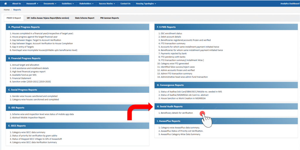 PMAY Gramin reporting portal showing Social Audit Reports section with Beneficiary details for verification.